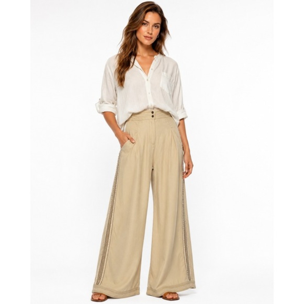 Flannel Australia Tan Tencel Wide Leg Pants Beaded Copper Trim Womens Size 2